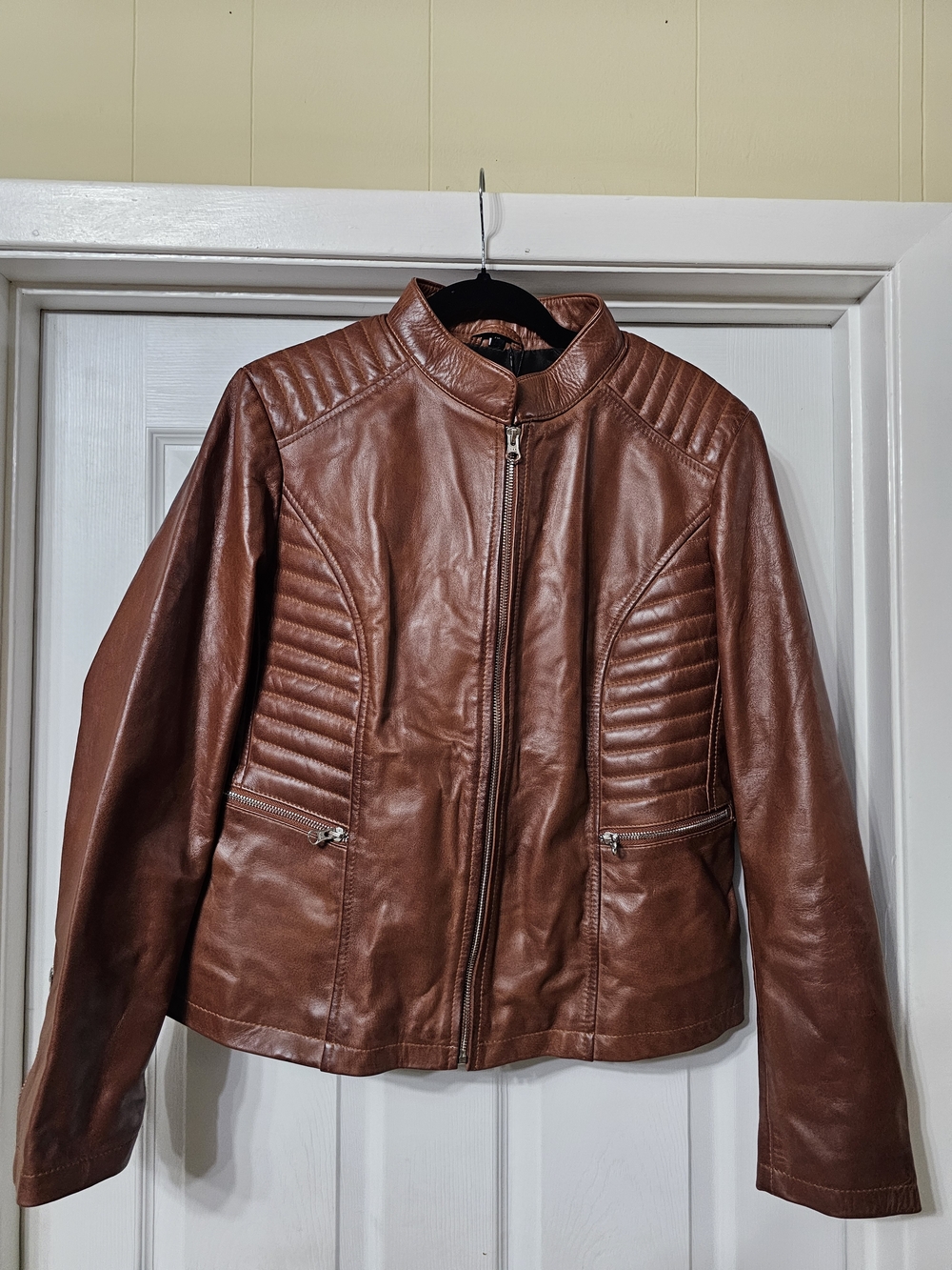 Women's Tan Genuine Leather Quilted-Panel Zip Jacket
